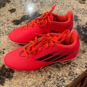 Adidas Bright Red/Orange Soccer Shoes with Black Stripes little girls size 2